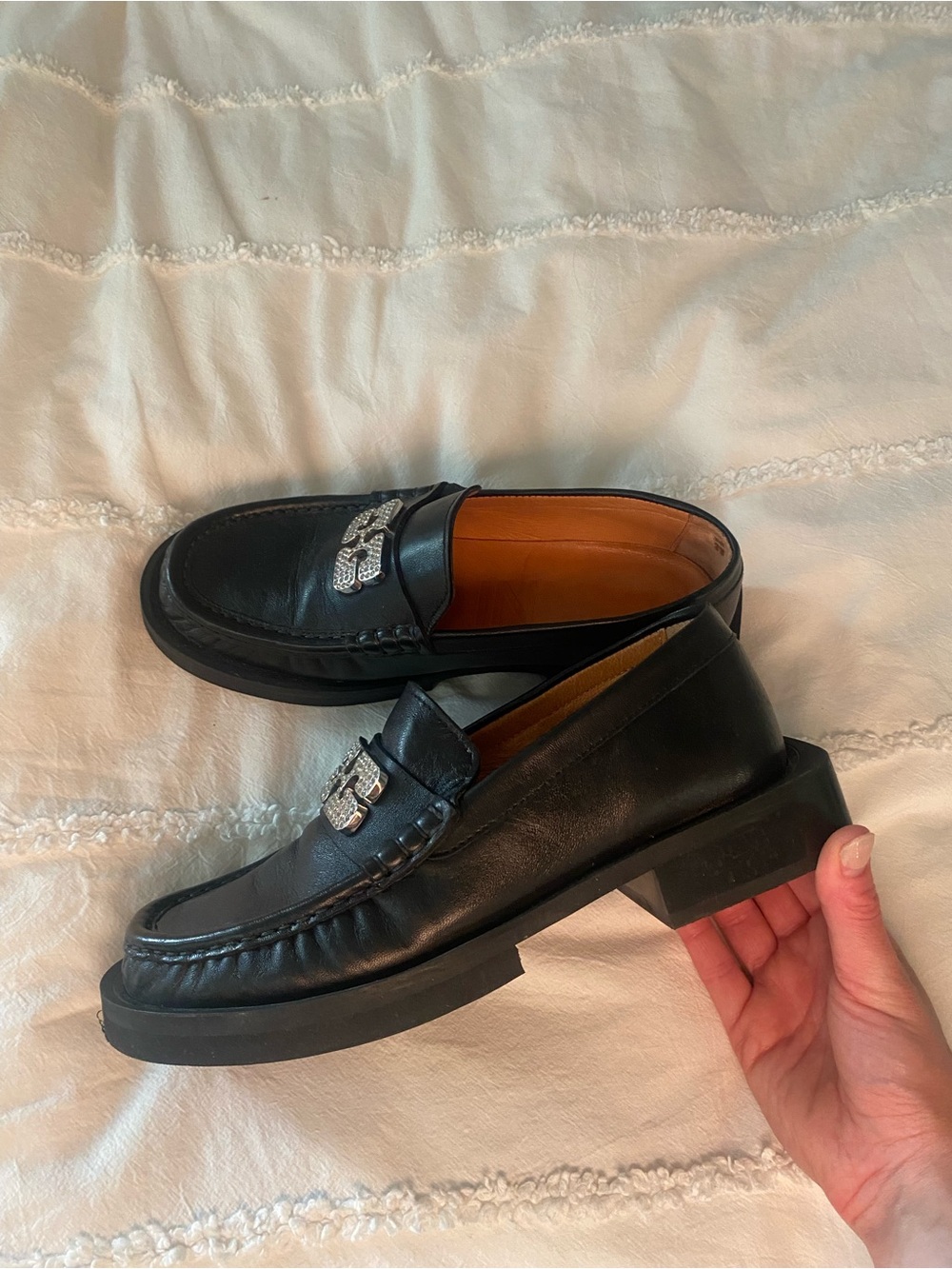 Ganni rhinestone logo loafers with box and dust bag